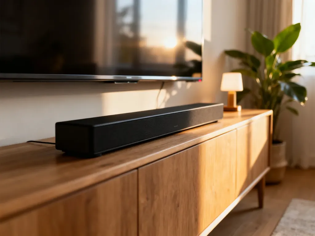 Elegancki soundbar pod telewizorem w nowoczesnym salonie, prezentacja sprzętu audio do poprawy dźwięku z TV