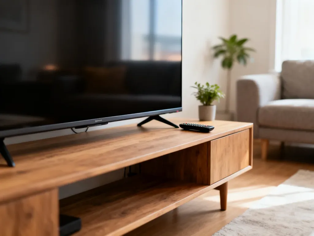 Nowoczesny salon z wyłączonym telewizorem 55 cali na niskiej szafce RTV, podkreślający elegancki design i rozmiar ekranu.