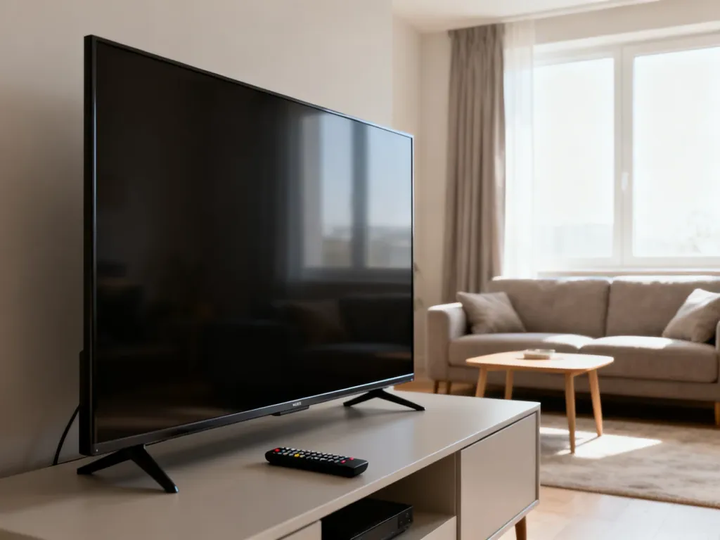 Nowoczesny salon z 65-calowym telewizorem na minimalistycznej szafce, tworzący przytulne, eleganckie miejsce do oglądania filmów.
