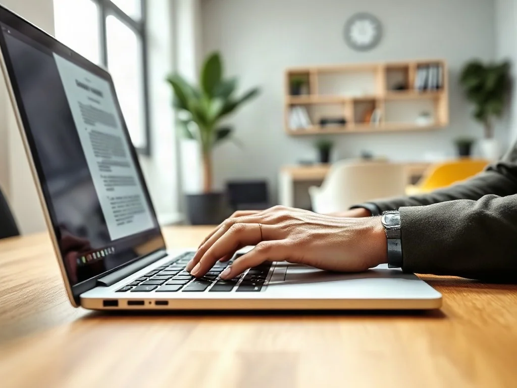 Osoba pisząca na laptopie w biurze, na którego ekranie widoczny jest dokument z wstawionym podziałem strony.