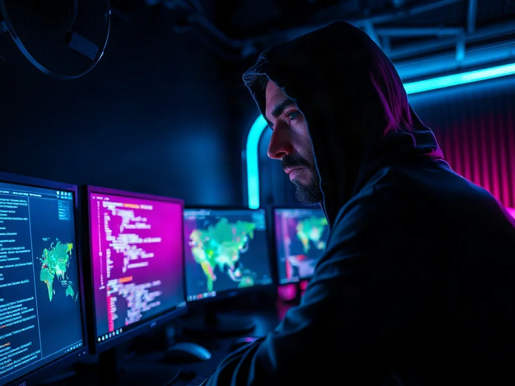 Zakamuflowany haker w ciemnym pokoju z wieloma monitorami, analizujący kod i cyfrowe mapy w klimacie cybernetycznym.