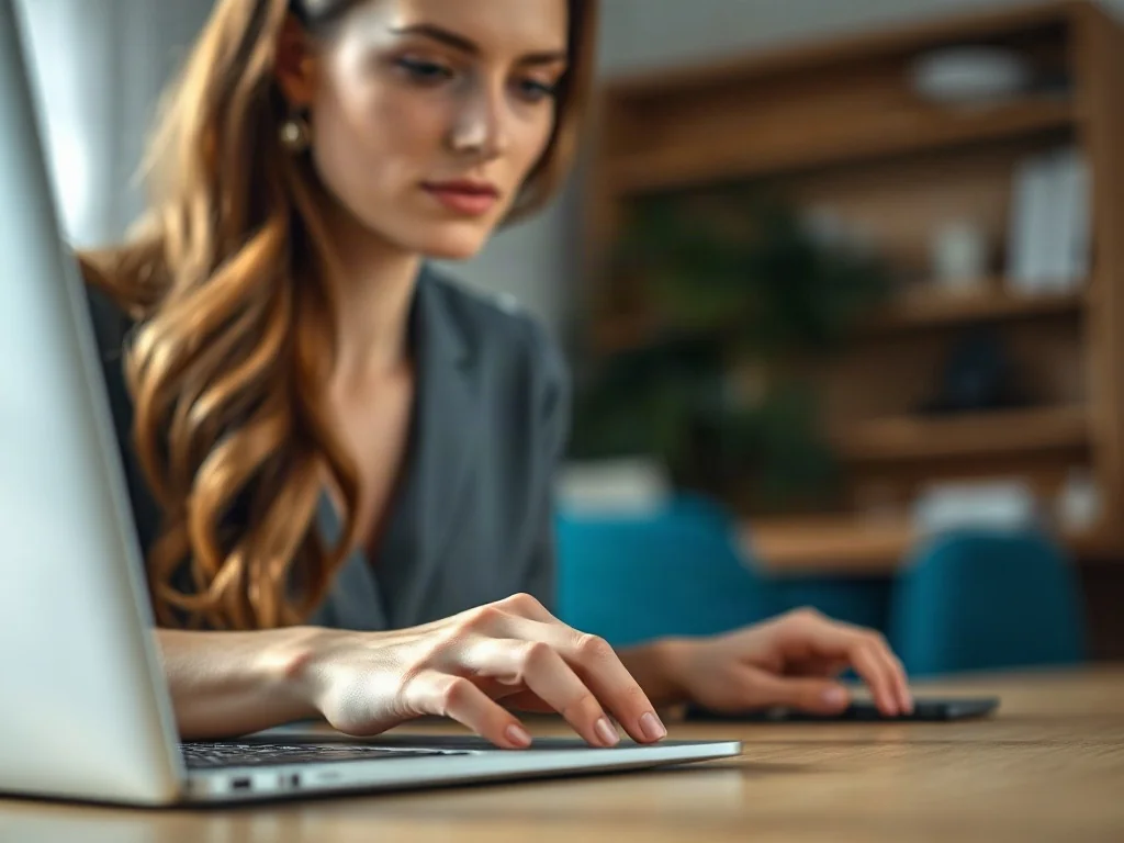 Kobieta pracująca przy laptopie w domowym biurze, ilustrująca proces edycji dokumentów tekstowych.