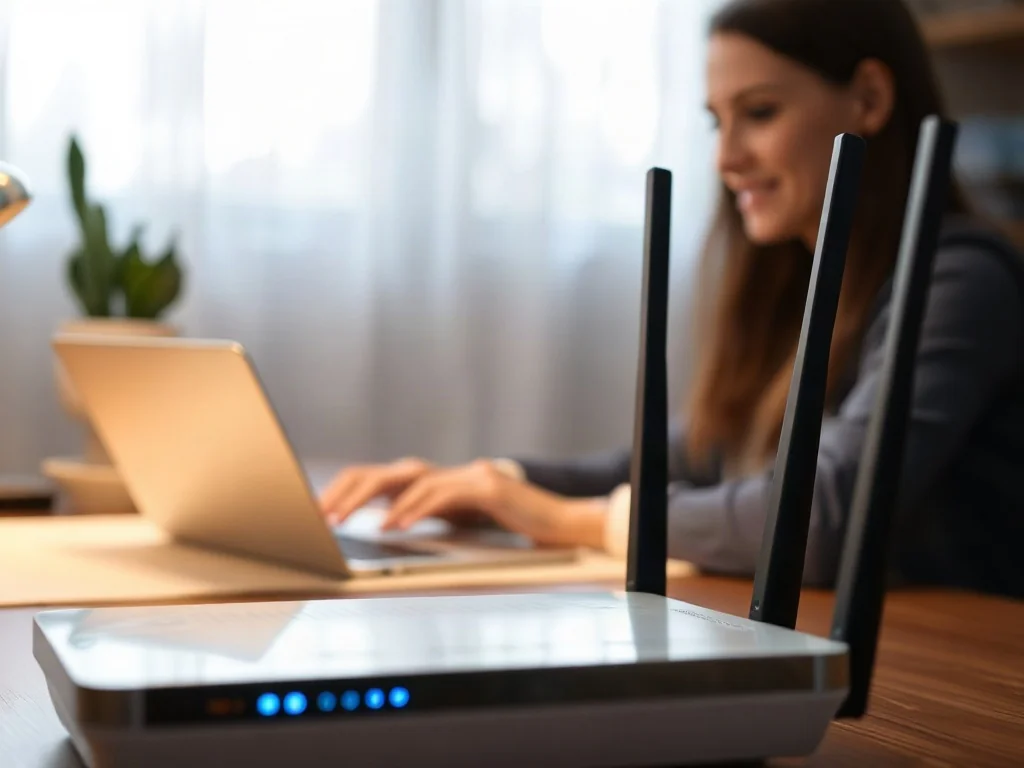 Nowoczesny router Wi-Fi z diodami LED oraz osoba pracująca przy laptopie w tle, ilustrujące domową sieć bezprzewodową.