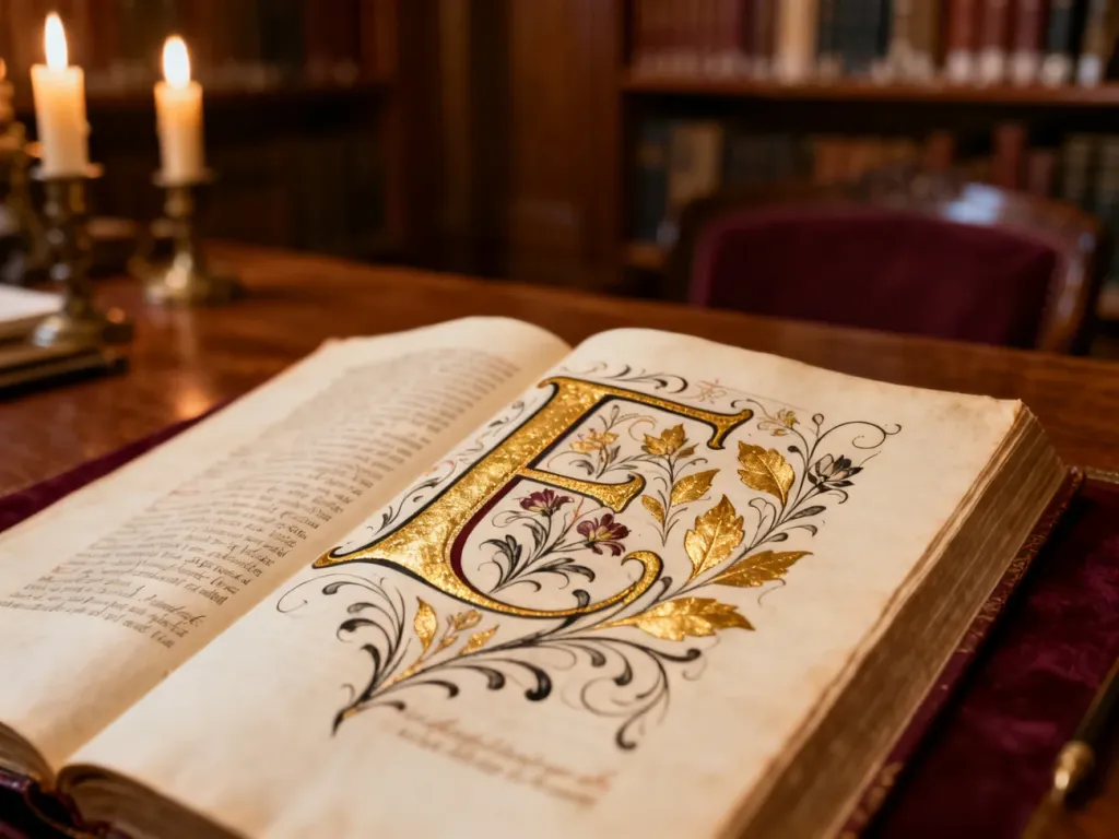 Elegancka, ozdobna inicjał w zabytkowej księdze na tle biblioteki, podkreślająca artystyczny charakter pisma.
