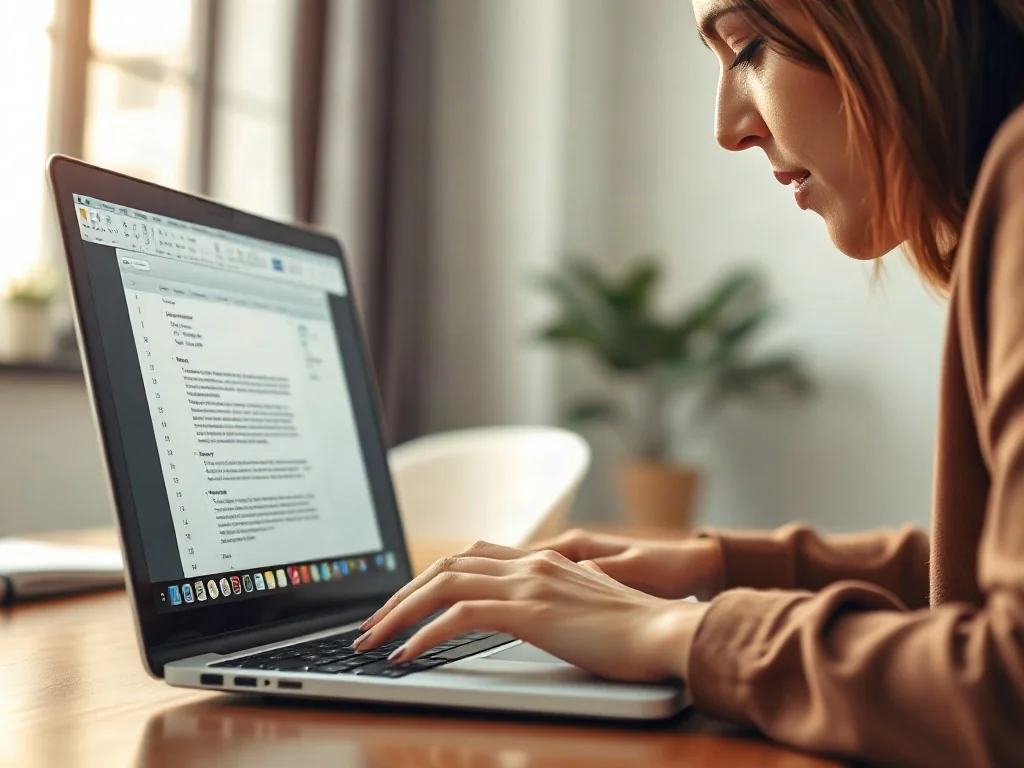 Kobieta pracująca przy laptopie z otwartym edytorem tekstu w jasnym, nowoczesnym biurze domowym.