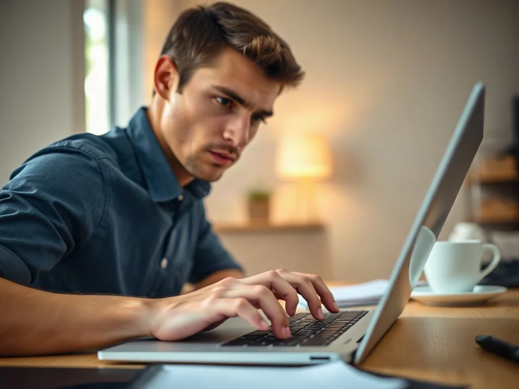 Mężczyzna skupiony na pracy przy nowoczesnym laptopie, piszący na klawiaturze w jasnym biurze.