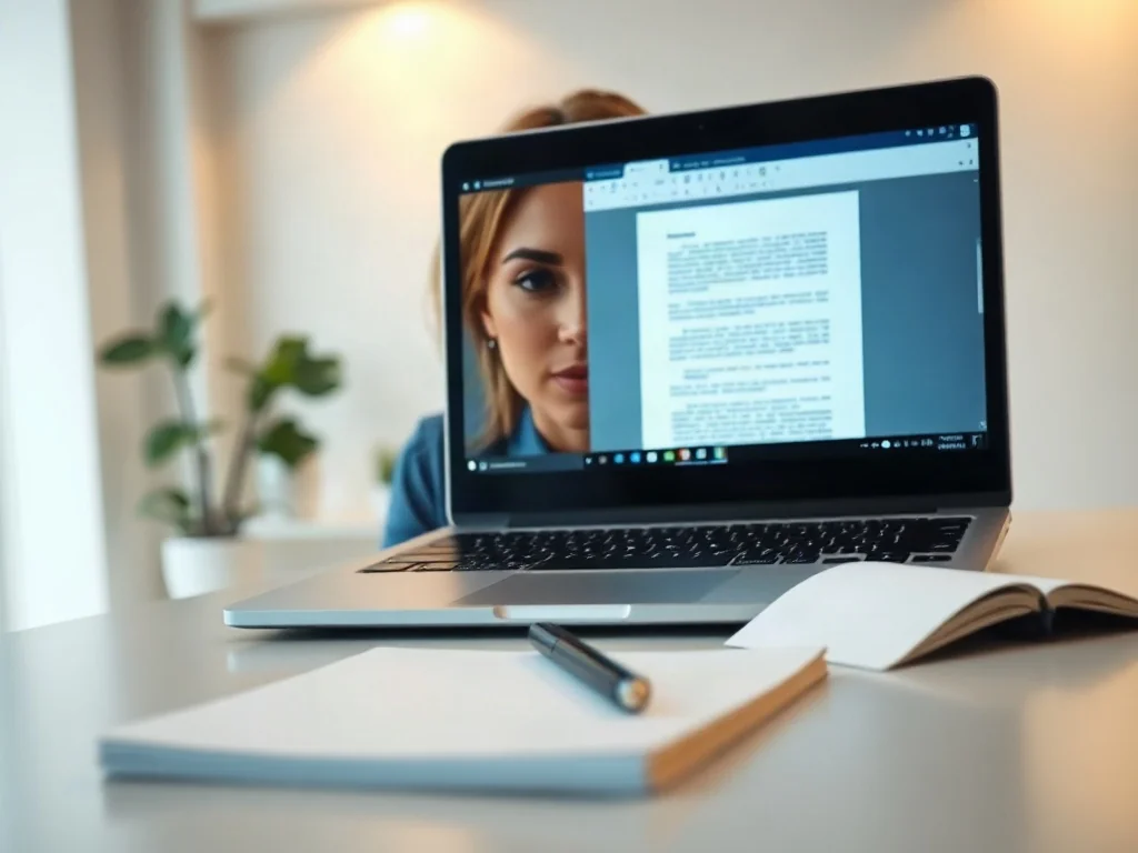 Kobieta pracująca przy laptopie w nowoczesnym biurze, skupiona na edycji dokumentu tekstowego.