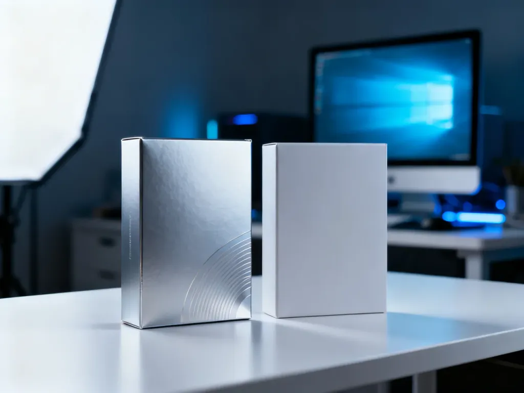 Dwa pudełka z oprogramowaniem na biurku, symbolizujące wybór między licencjami Windows typu OEM a BOX.