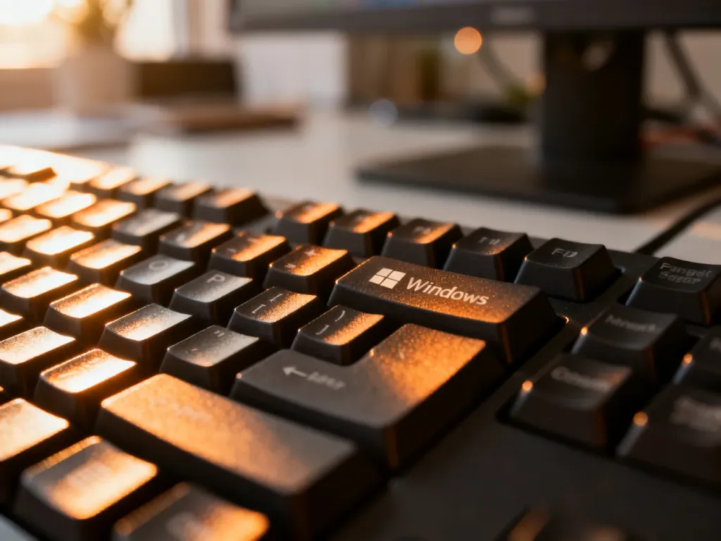 Zbliżenie na klawisz Windows na nowoczesnej klawiaturze mechanicznej w świetle poranka.