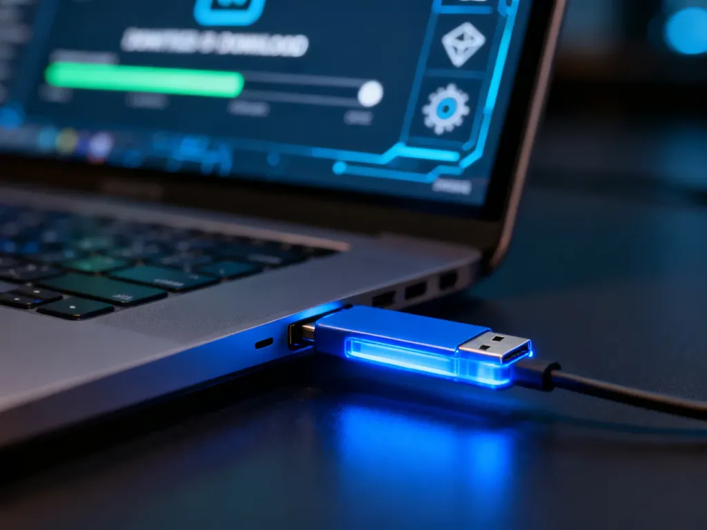 Niebieski pendrive podłączony do laptopa podczas procesu instalacji systemu Windows z narzędzia do pobierania plików ISO.