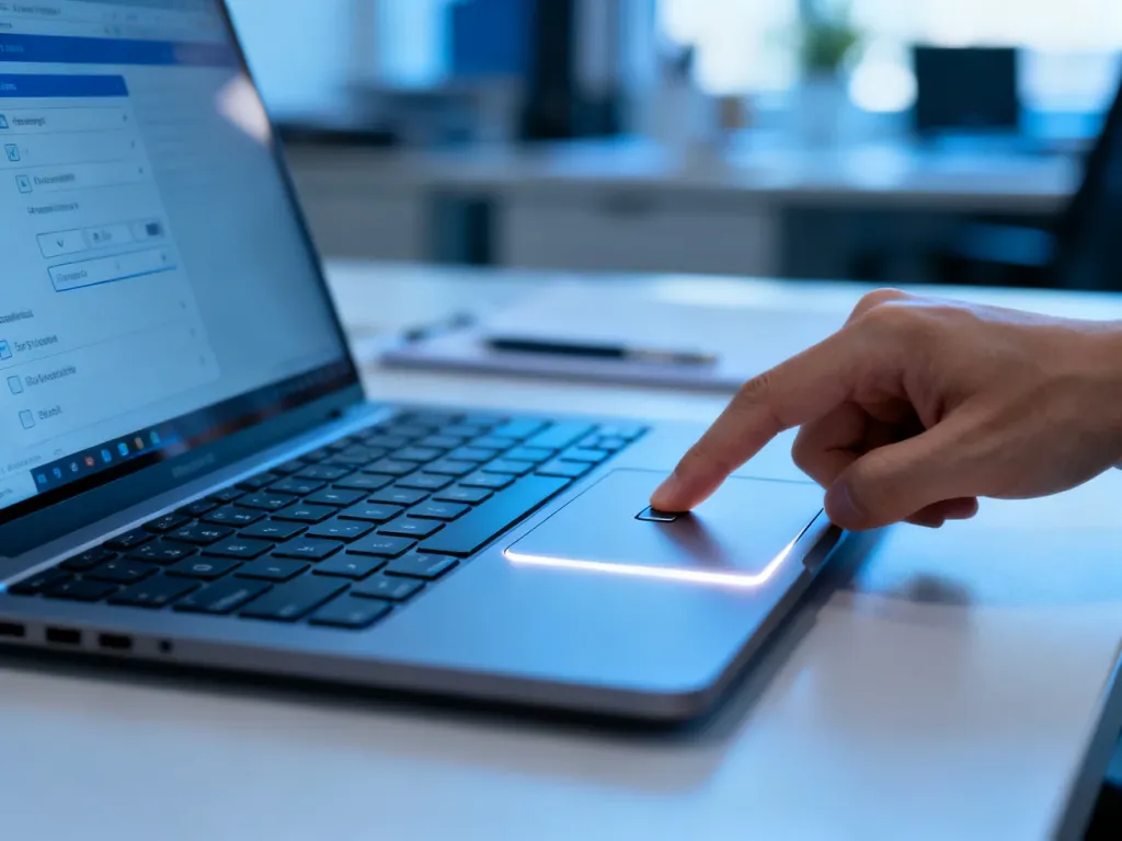 Dłoń naciskająca klawisz funkcyjny na klawiaturze laptopa w celu aktywacji touchpada.