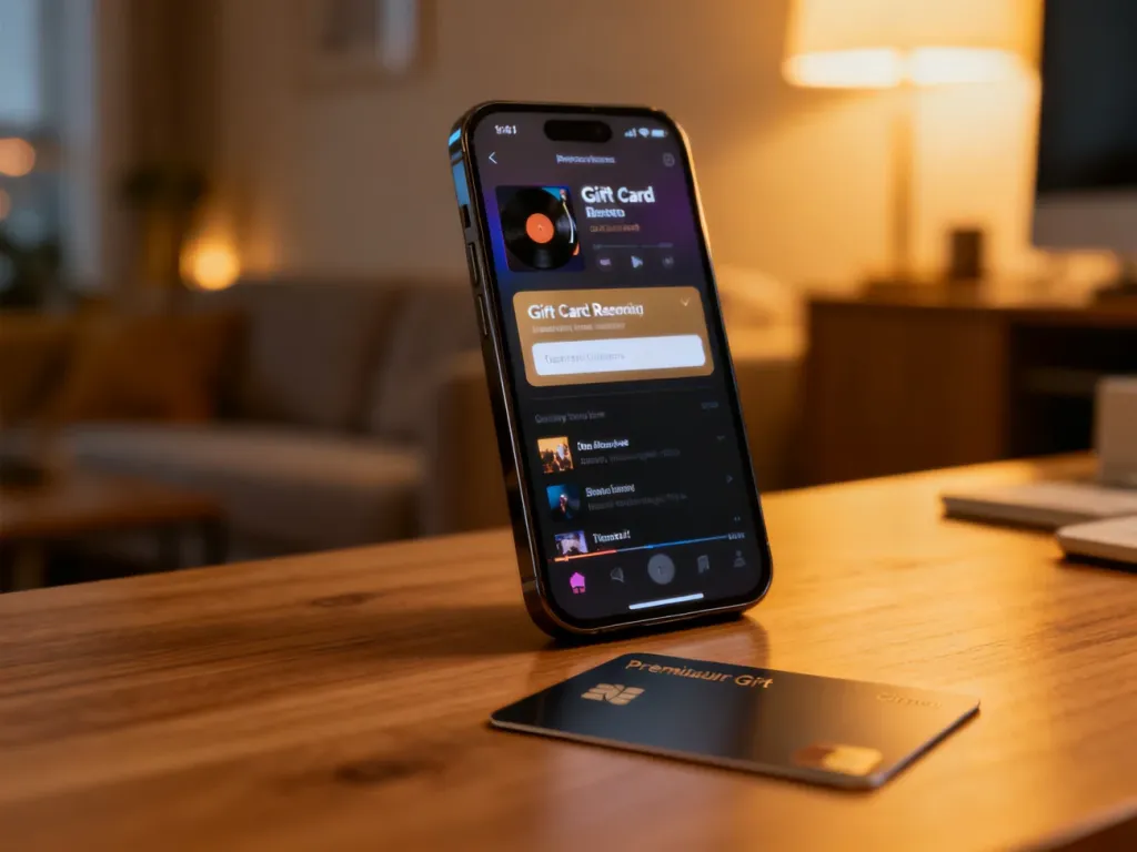 Smartfon z otwartym interfejsem Spotify oraz fizyczna karta podarunkowa leżąca na drewnianym biurku w przytulnym wnętrzu.