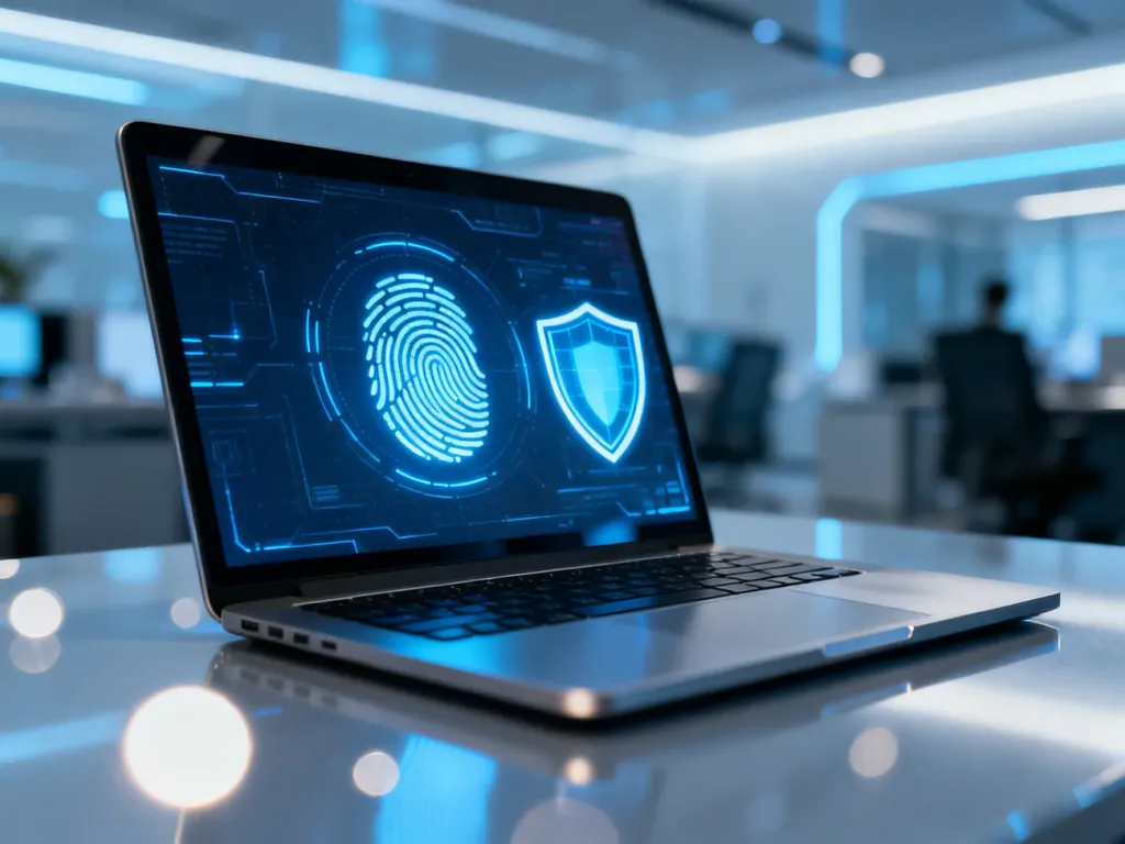 Ekran laptopa z ikoną czytnika linii papilarnych i cyfrową tarczą, symbolizujący nowoczesne metody zabezpieczeń systemu.