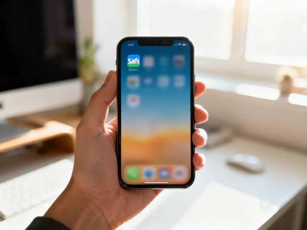 iPhone trzymany w dłoni z widoczną ikoną przeglądarki Safari na ekranie głównym w jasnym, domowym biurze.