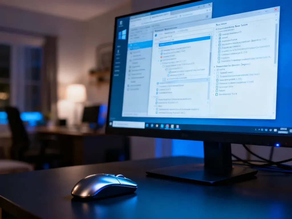 Monitor wyświetlający zaawansowane ustawienia usług systemowych Windows na tle nowoczesnego biura.