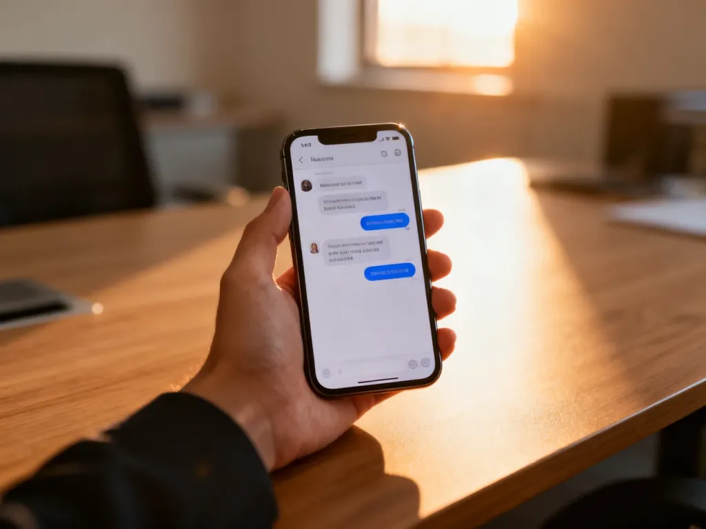 Dłoń trzymająca smartfon z otwartym komunikatorem na tle biurowego wnętrza, ilustrująca korzystanie z aplikacji WhatsApp.