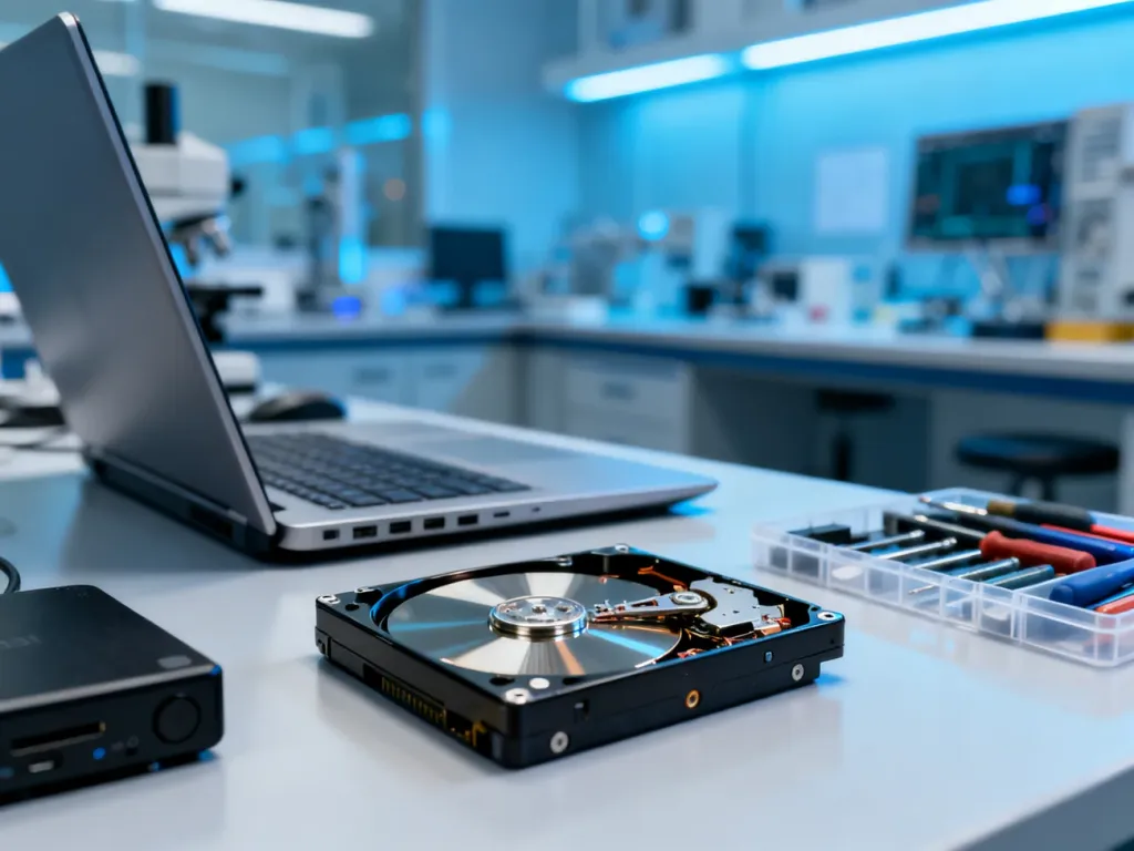 Uszkodzony dysk HDD obok narzędzi serwisowych i laptopa w profesjonalnym laboratorium odzyskiwania danych.