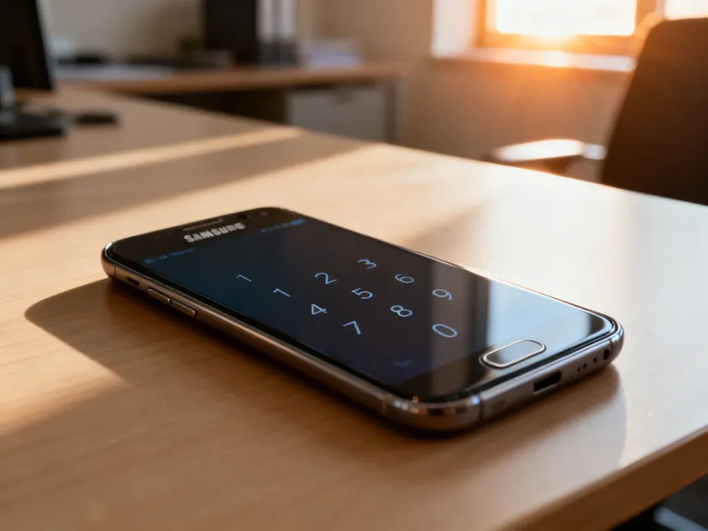 Zablokowany smartfon Samsung z widocznym na ekranie wzorem zabezpieczającym, leżący na drewnianym biurku.