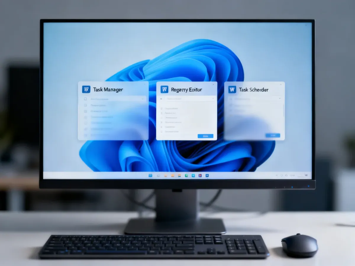Komputer z ekranem przedstawiającym narzędzia zarządzania autostartem systemu Windows