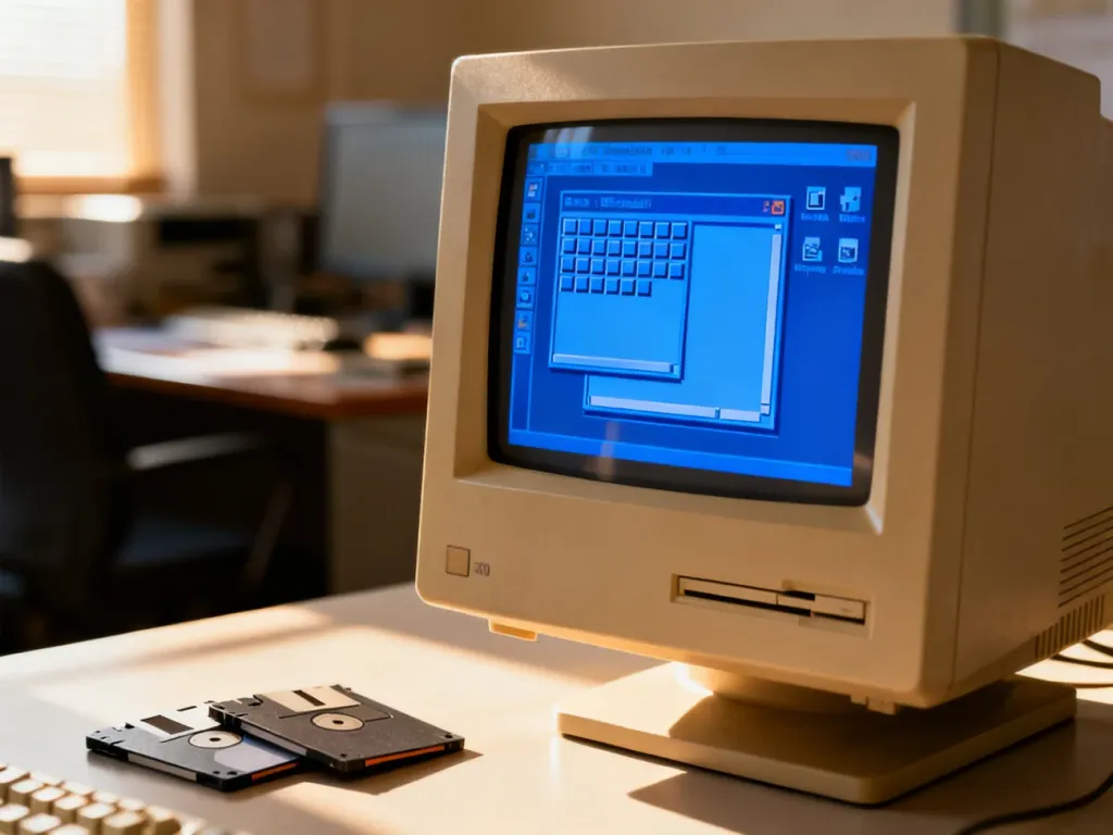 Ekran starego monitora z klasycznym interfejsem systemu Windows 3.1 i dyskietkami na biurku w stylu retro.