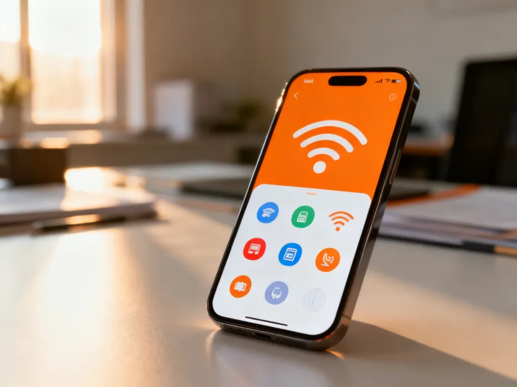 Smartfon z ikonami połączeń sieciowych i danych mobilnych na ekranie, symbolizujący zarządzanie pakietami Orange.