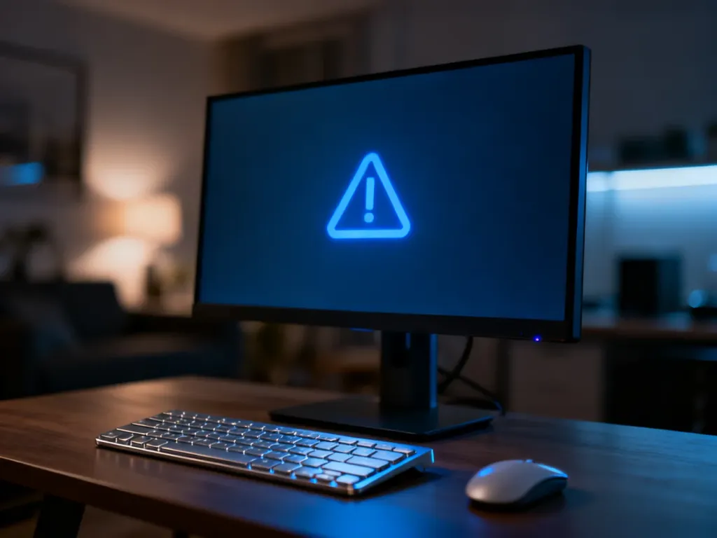 Nowoczesne stanowisko komputerowe z monitorem wyświetlającym symbol błędu systemu, ilustrujące problemy z aktualizacją Windows.