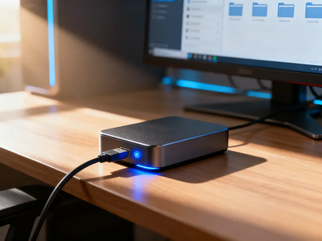 Zewnętrzny dysk twardy z podłączonym kablem USB leżący na drewnianym biurku, gotowy do formatowania.
