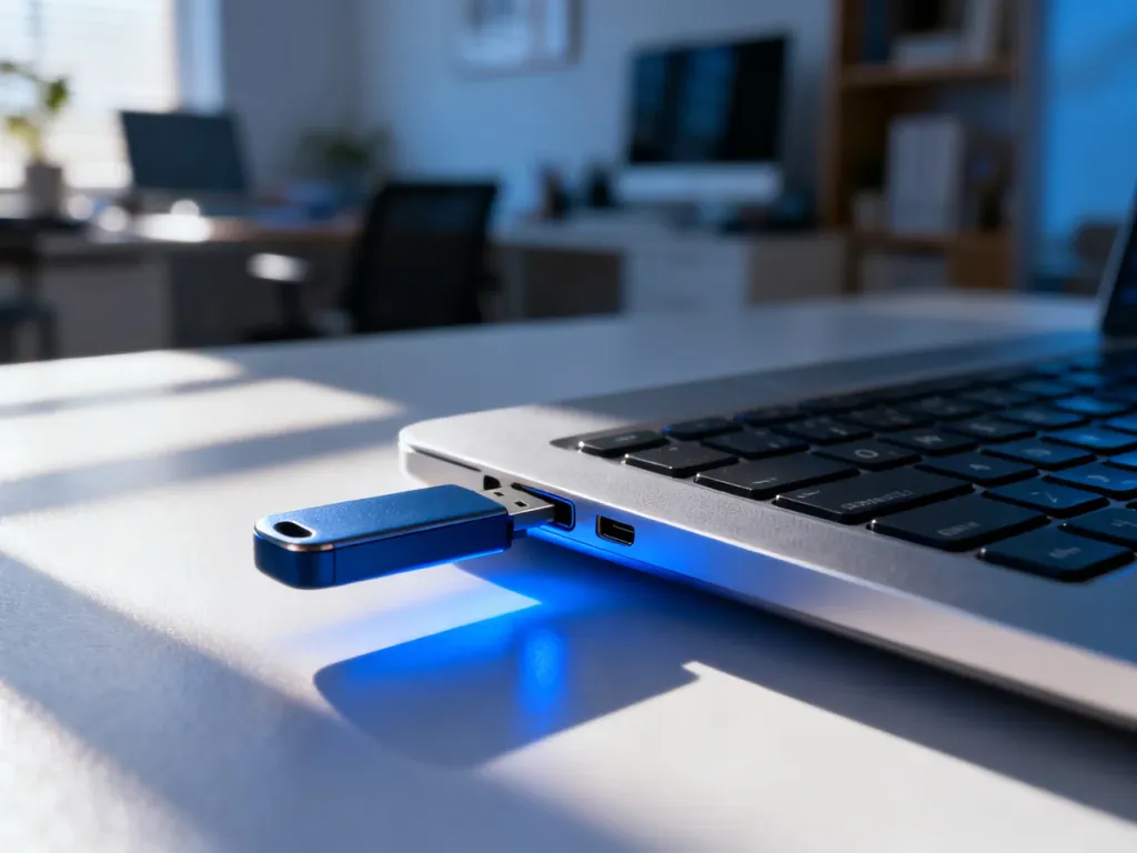 Nowoczesny pendrive wpięty do portu laptopa, gotowy do rozpoczęcia instalacji systemu Windows.