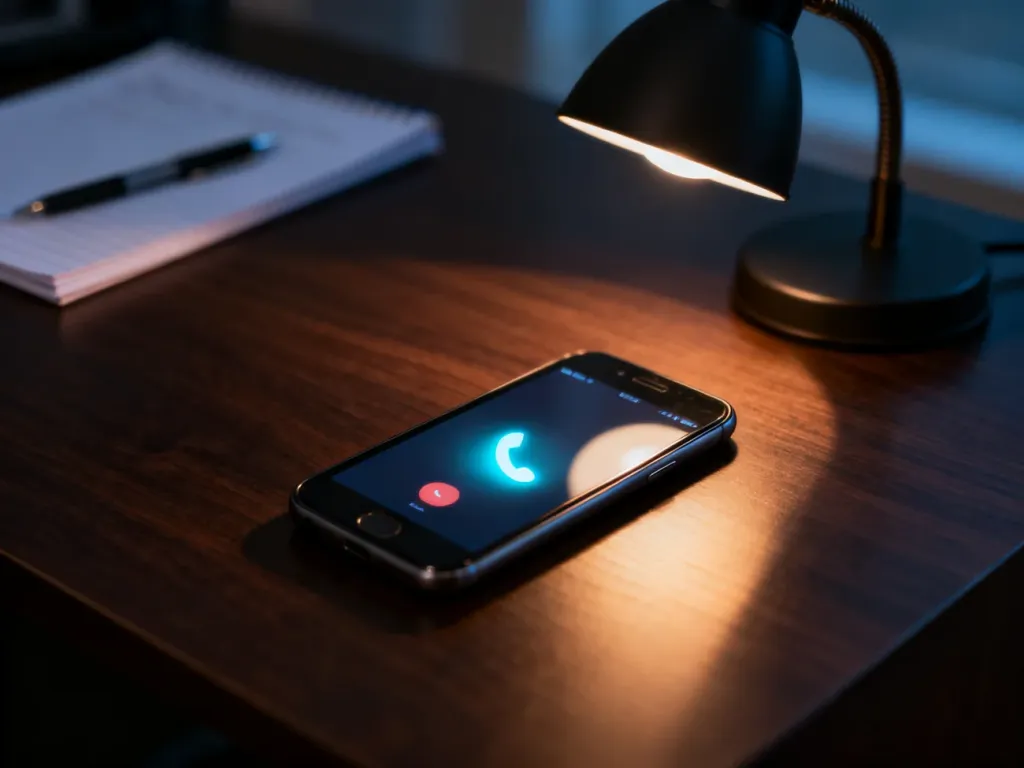 Smartfon leżący na biurku z wyświetloną ikoną połączenia przychodzącego, symbolizujący otrzymanie nieznanego numeru.