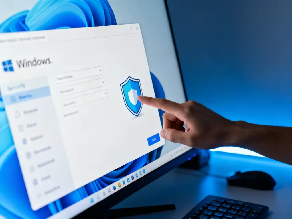 Dłoń zbliżająca się do ikony tarczy w ustawieniach zabezpieczeń systemu Windows 11 na ekranie monitora.