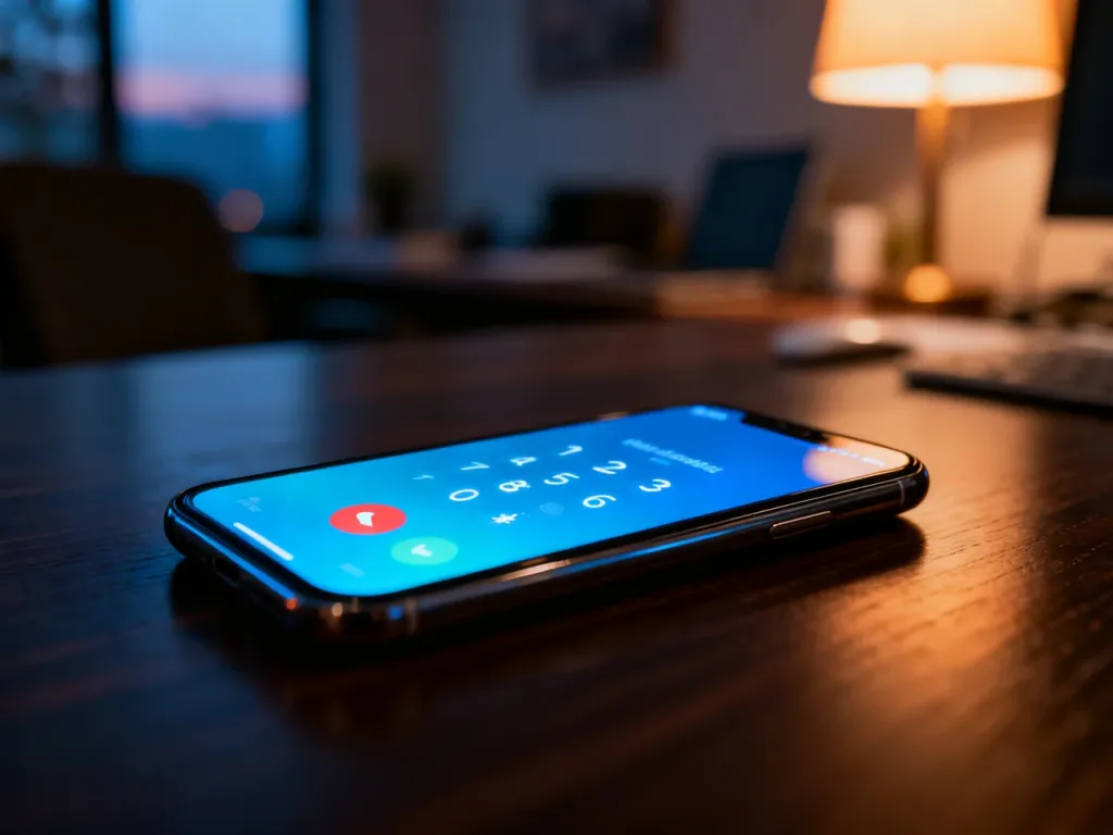 Nowoczesny smartfon na biurku z wyświetlonym przychodzącym połączeniem od nieznanego numeru.
