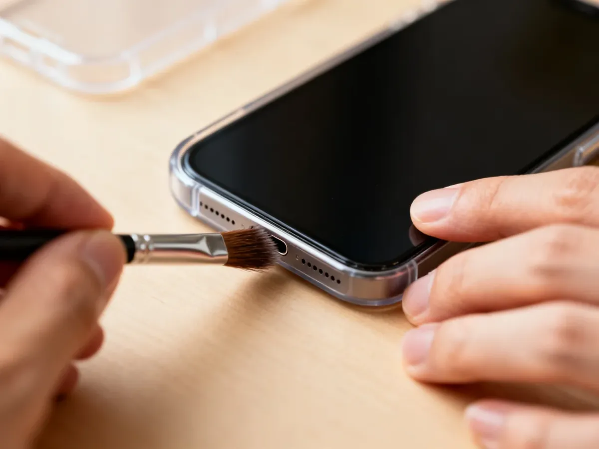 Delikatne czyszczenie otworu mikrofonu w telefonie miękką szczoteczką