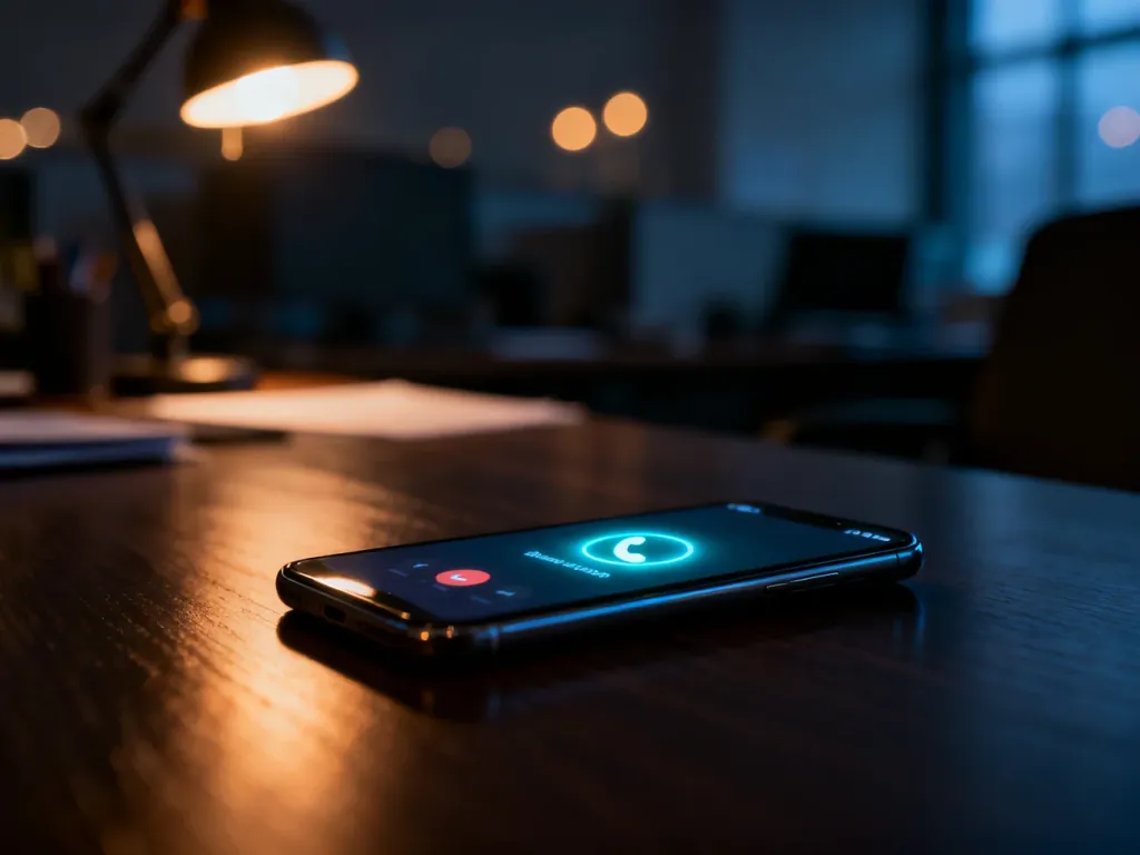 Nowoczesny smartfon z powiadomieniem o przychodzącym połączeniu na ciemnym biurku w biurze.