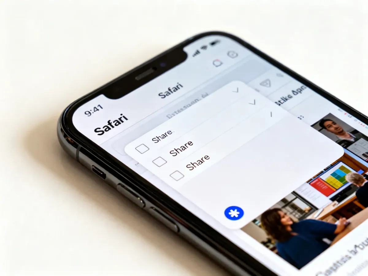 iPhone z otwartym menu udostępniania w przeglądarce Safari