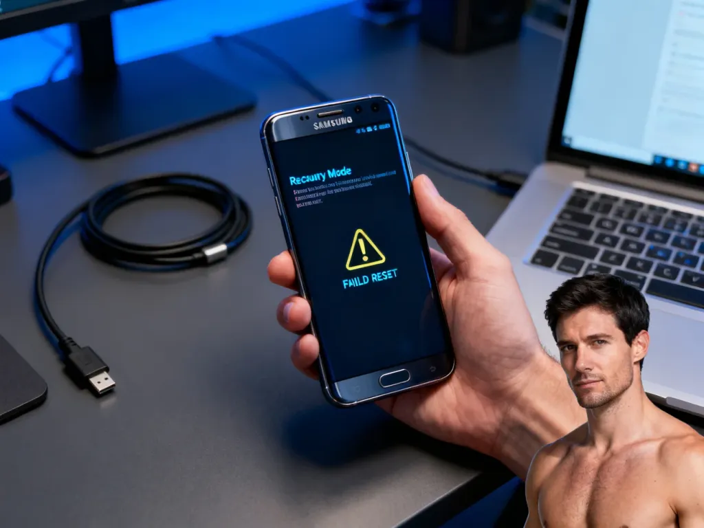 Mężczyzna trzyma smartfon Samsung z widocznym ekranem trybu odzyskiwania, sygnalizującym nieudany proces resetowania.