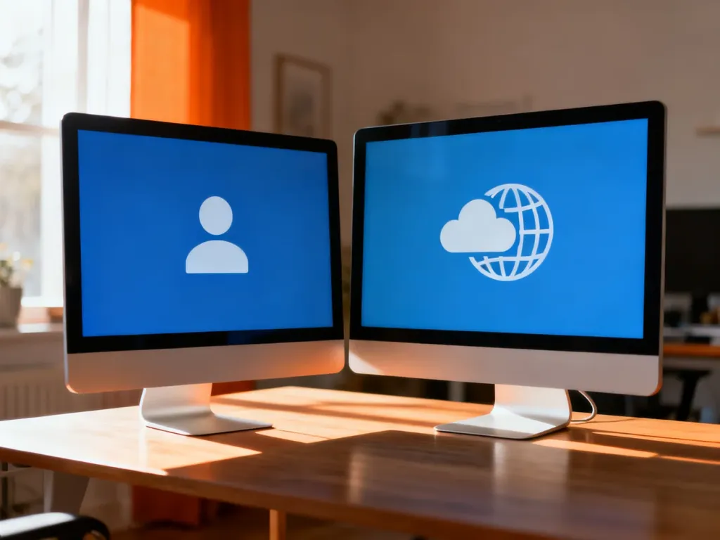 Dwa monitory na biurku, porównujące ikonę profilu lokalnego z ikoną konta Microsoft w chmurze.