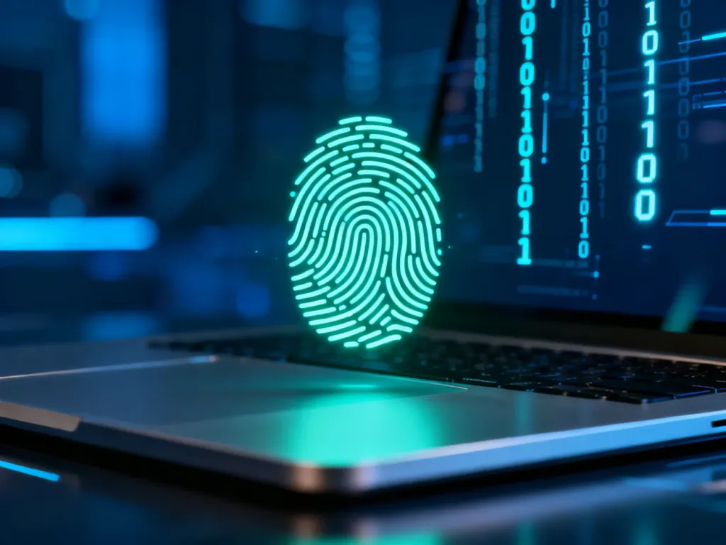 Świecąca ikona odcisku palca nad laptopem, symbolizująca zaawansowane uwierzytelnianie biometryczne w cyfrowym świecie.