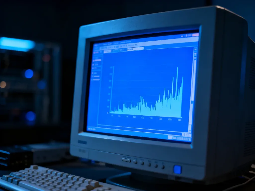 Stary monitor komputerowy z lat 2000. wyświetlający wykresy wydajności systemu w niebieskiej tonacji.