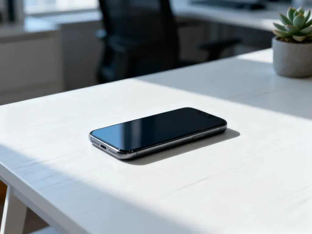 Nowoczesny smartfon leżący na białym biurku w minimalistycznym biurze domowym.