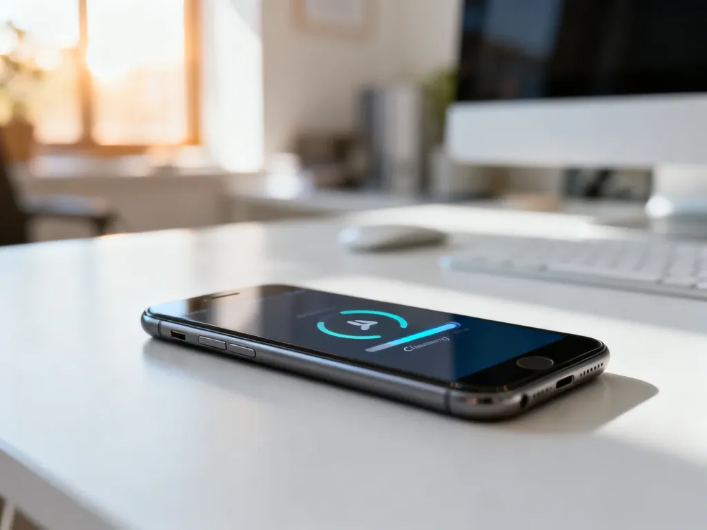 Nowoczesny smartfon na biurku z widocznym na ekranie paskiem postępu optymalizacji systemu.