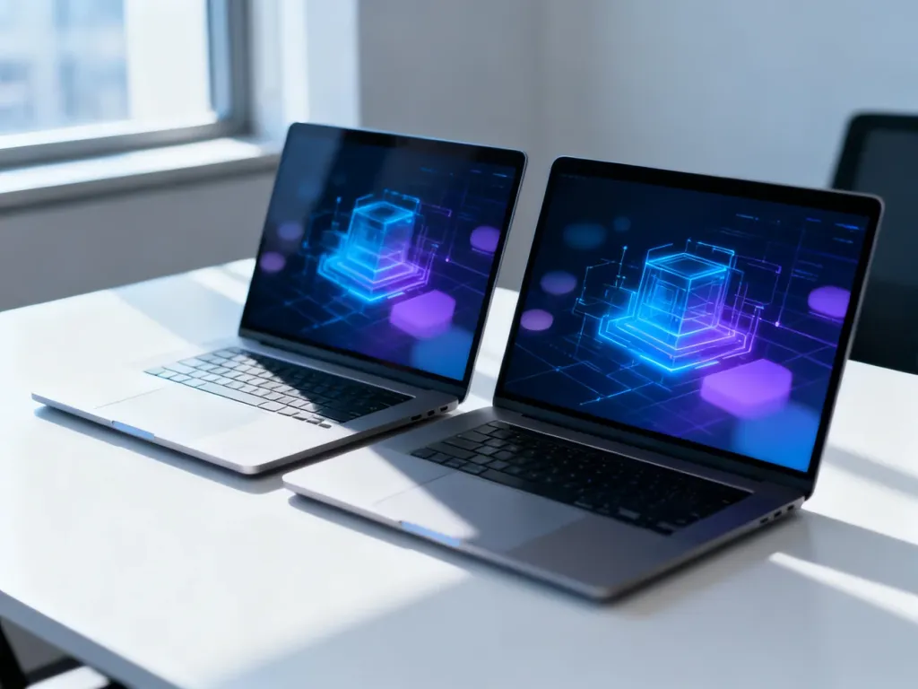Dwa nowoczesne laptopy na biurku z wyświetlonymi interfejsami oprogramowania, symbolizujące wybór systemu operacyjnego.