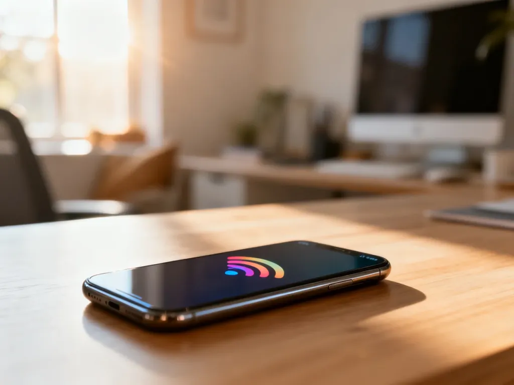 Smartfon z ikoną zasięgu na drewnianym biurku w przytulnym domowym biurze, symbolizujący nowoczesne usługi telekomunikacyjne.