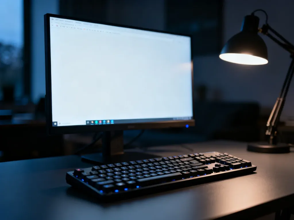 Nowoczesne stanowisko komputerowe z monitorem wyświetlającym statyczny pulpit bez efektów animacji.