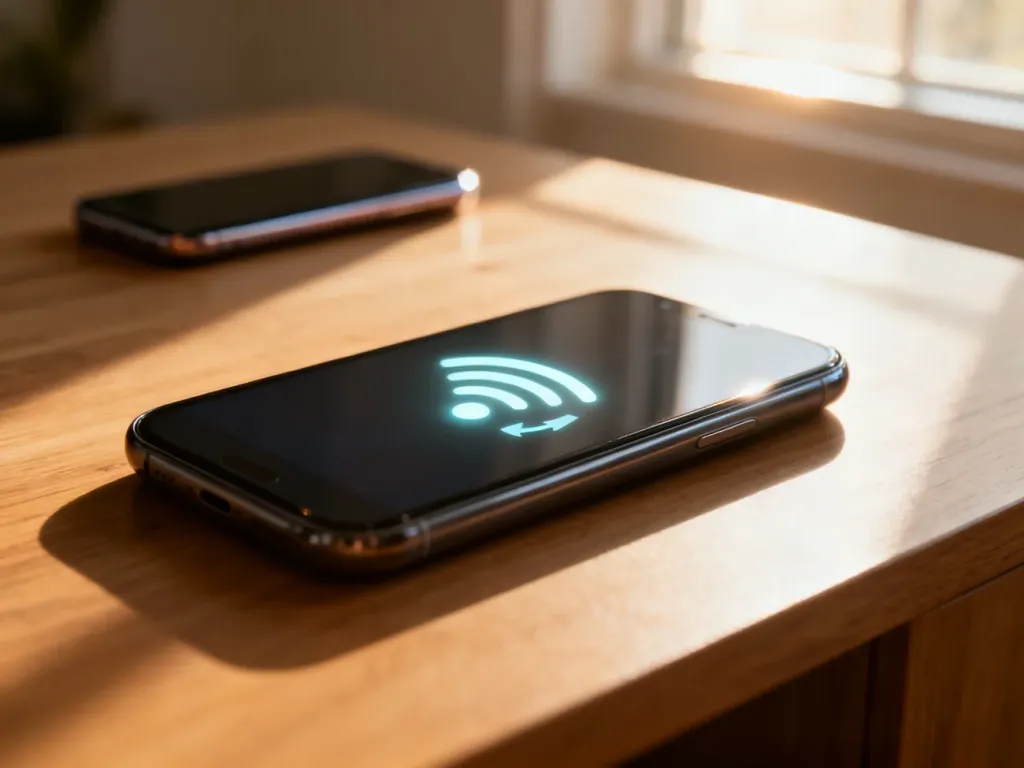 Nowoczesny smartfon na drewnianym biurku z ikoną bezprzewodowego przesyłania danych, symbolizującą migrację na nowy telefon.