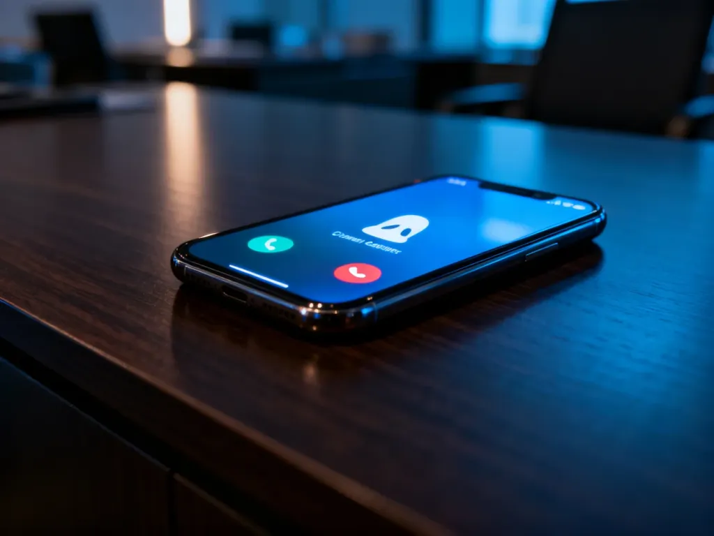 Smartfon na biurku z powiadomieniem o przychodzącym połączeniu od nieznanego numeru.