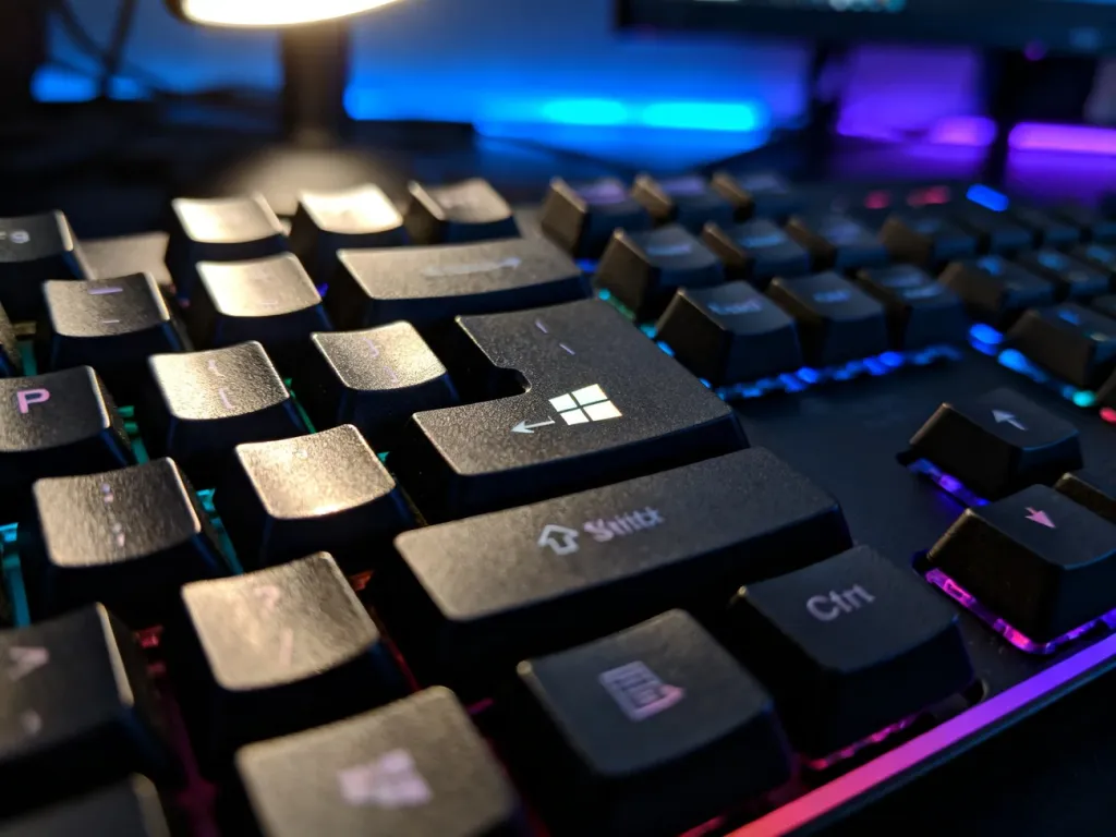 Podświetlony klawisz Windows na mechanicznej klawiaturze gamingowej w ciemnym pokoju z neonowym oświetleniem.
