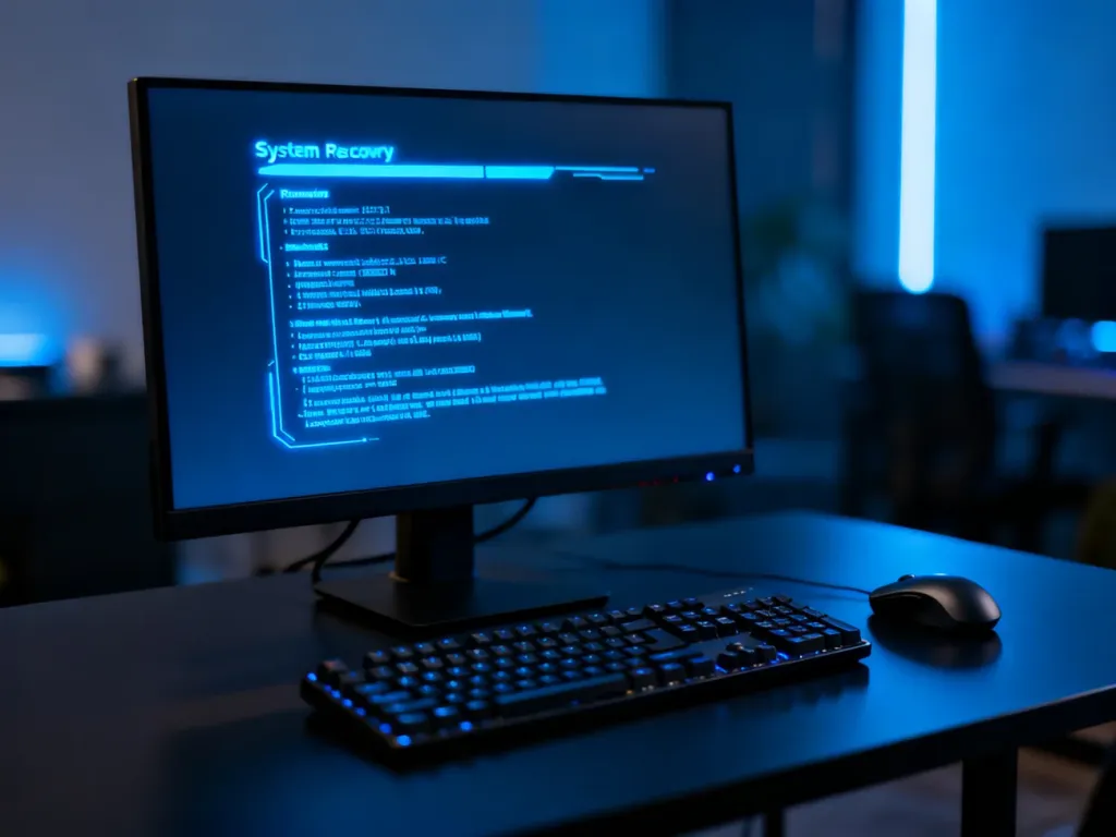 Monitor wyświetlający niebieskie menu odzyskiwania systemu Windows na tle nowoczesnego stanowiska komputerowego.
