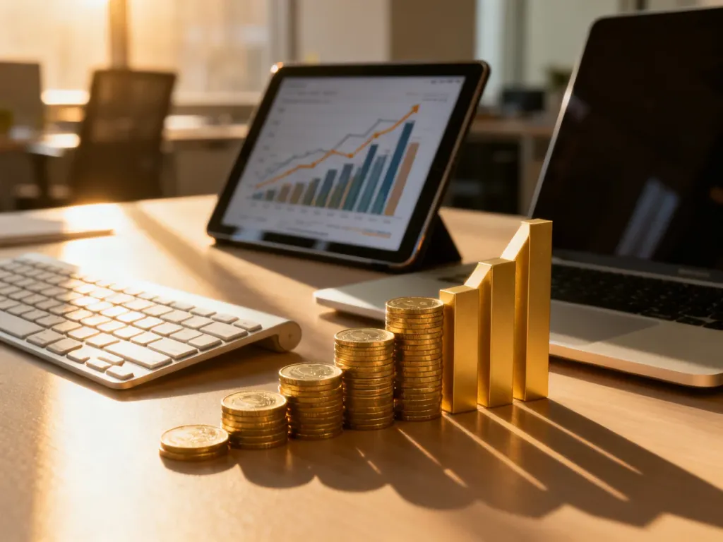Nowoczesne stanowisko pracy z wykresem finansowym i monetami, symbolizujące inwestycję w profesjonalną stronę www.