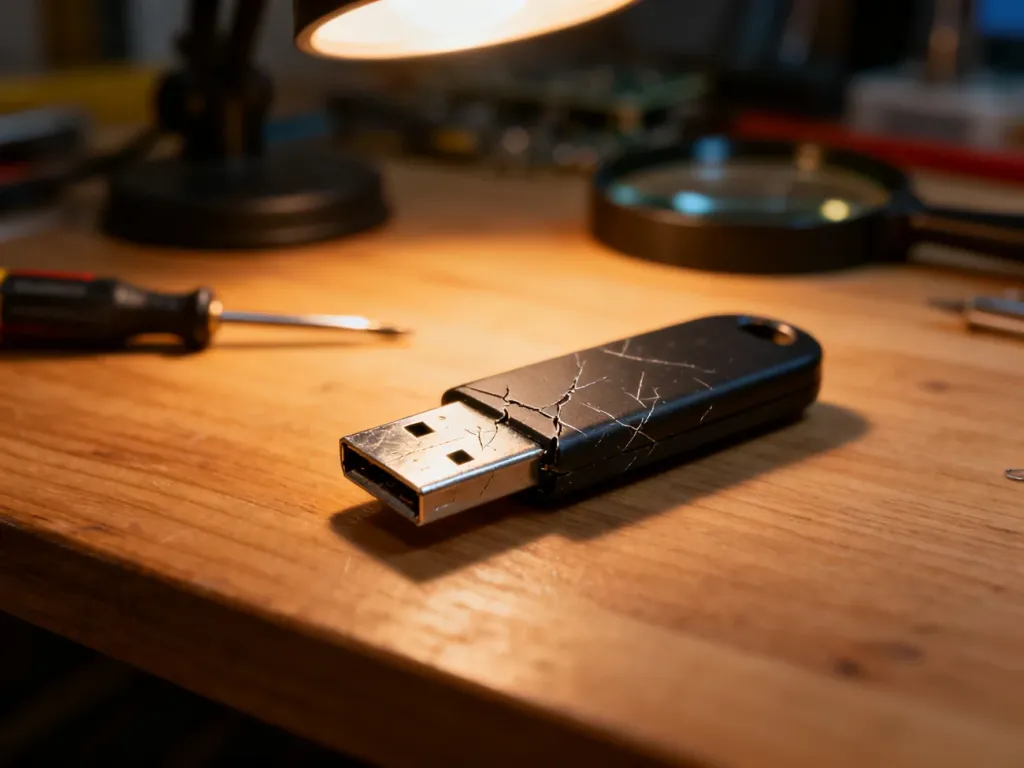 Uszkodzony pendrive leżący na warsztacie obok narzędzi naprawczych, gotowy do diagnozy i naprawy.