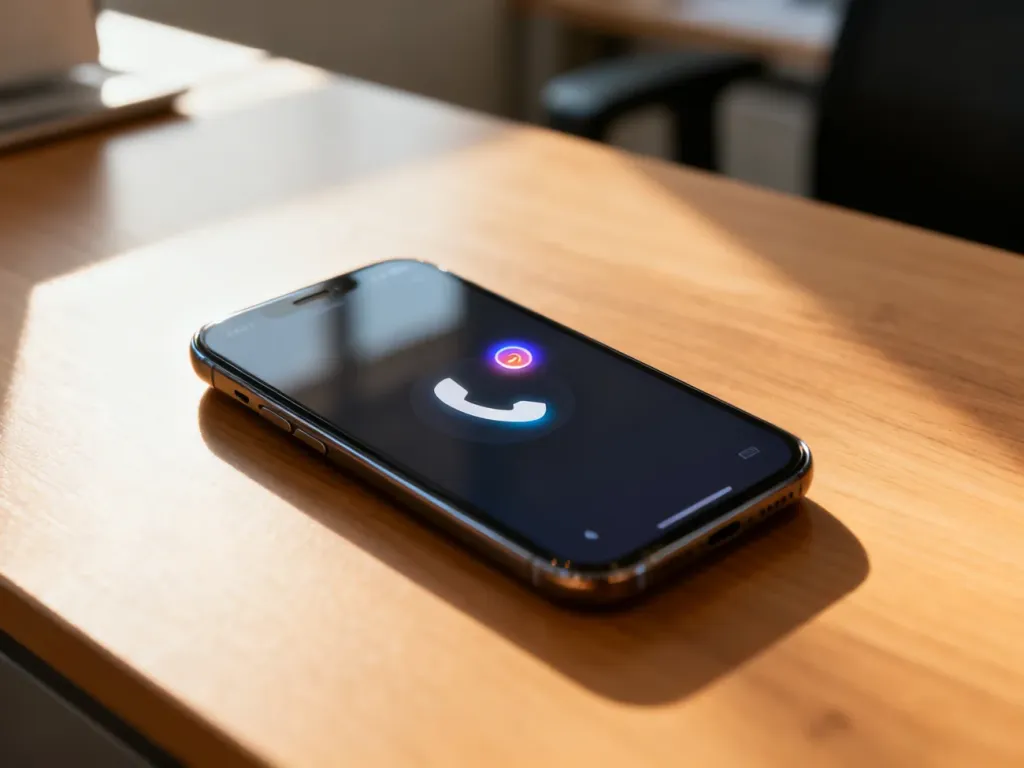 Nowoczesny smartfon z ikoną poczty głosowej na ekranie, leżący na drewnianym biurku w słonecznym biurze.